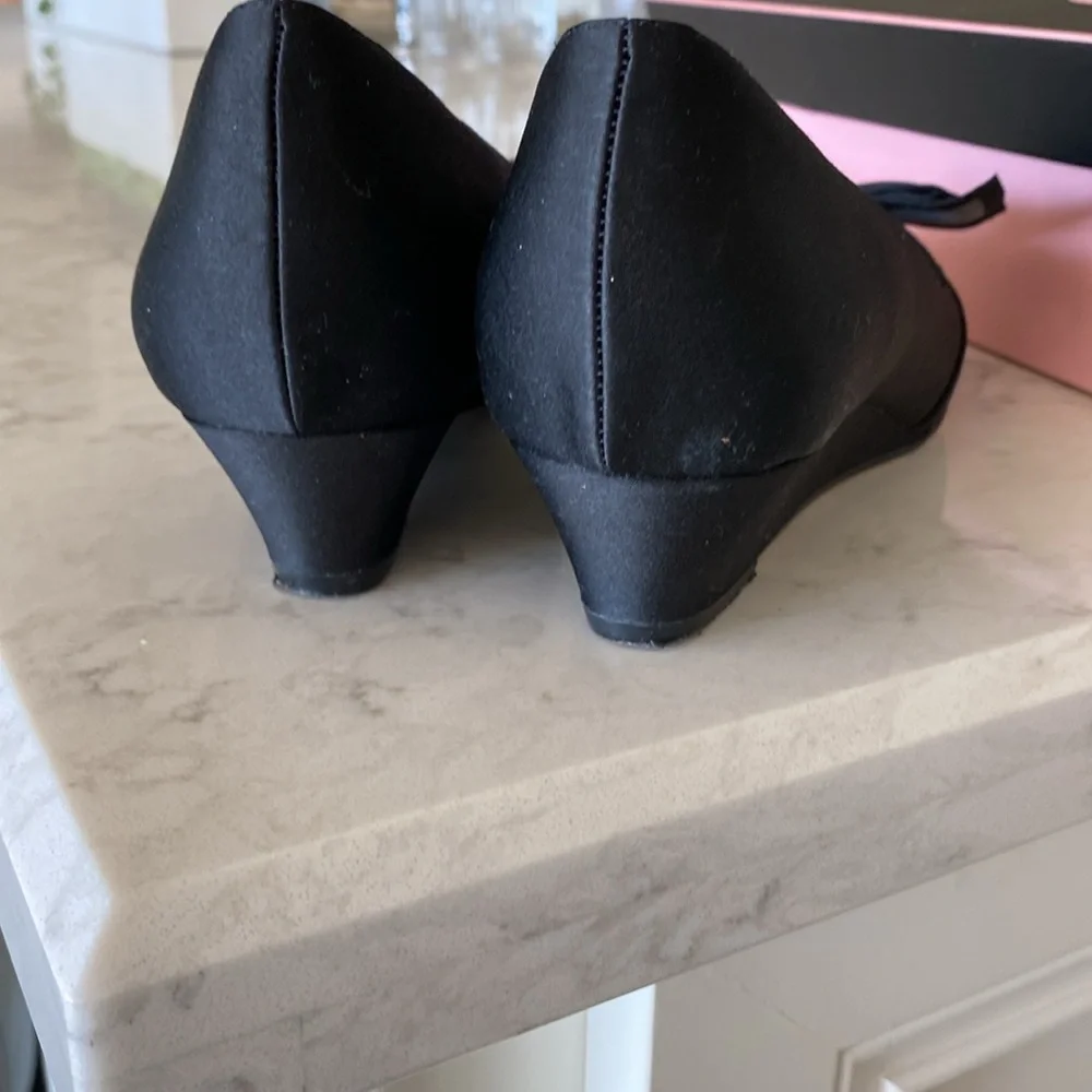 Nina Black Luster Satin Raiyana low wedge evening shoes
